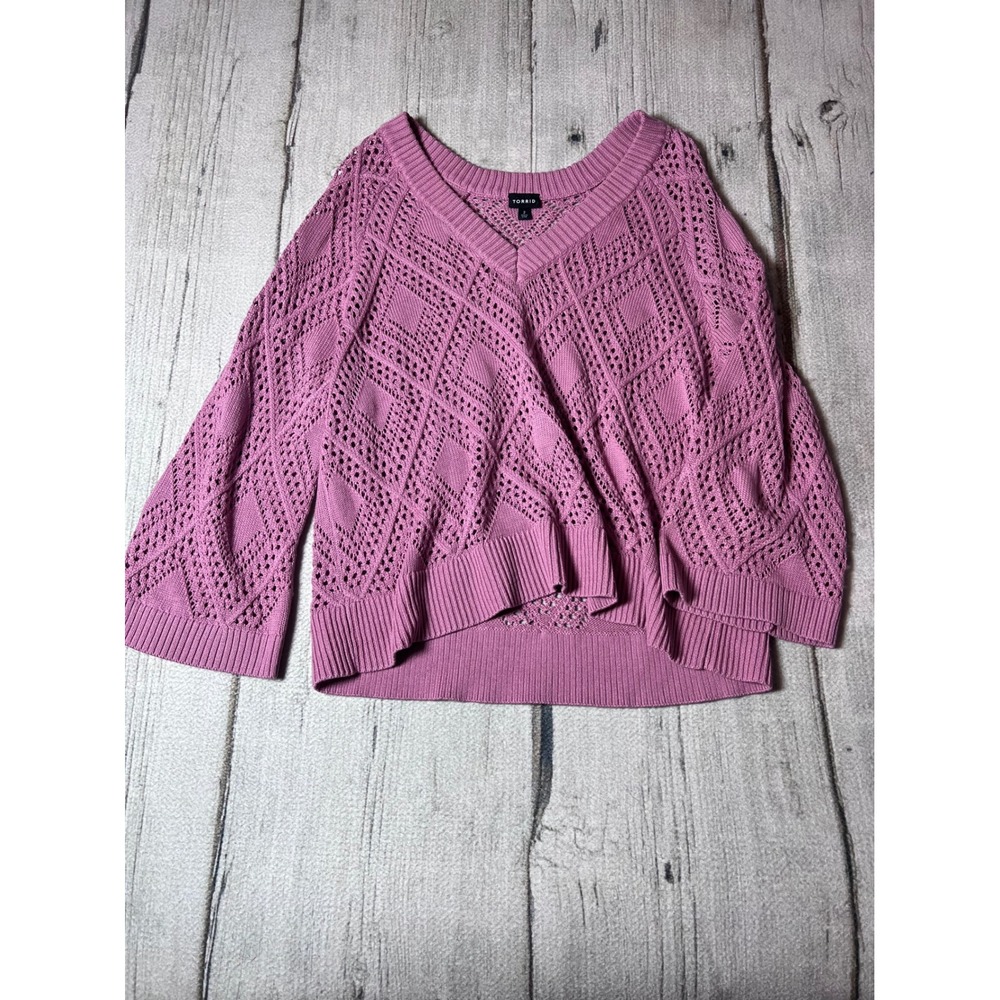 Torrid Plus Size 2‎ Pink Crochet V Neck Sweater Bell Sleeve Boho Casual